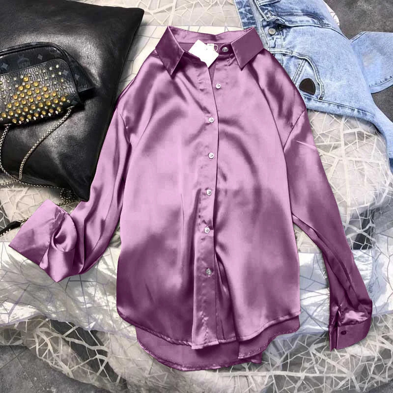 Autumn Casual Women's Satin Shirt All-Match Basic Solid Color Office Lady's Top Trendy Multicolor Shirts And Blouses Chic Top