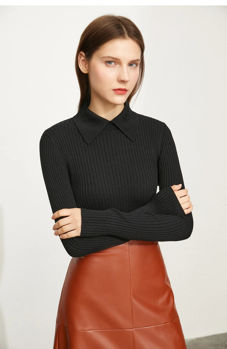 Amii Minimalism 2024 Sweater for Women Autumn New Office Lady Basic Lapel Striped Slim Knitted Tops Solid Trendy Blouse 12444058