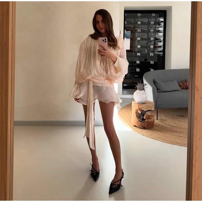 Elegant Ruffles Shiny Mini Dresses Fashion Solid Long Sleeve Lace Up V Neck Pleated Dress New Summer Party Women's Vestidos 2025