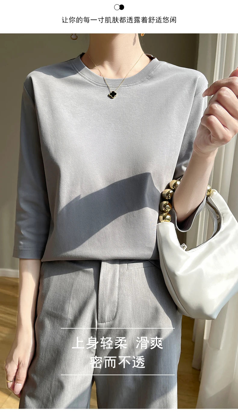 Spring And Summer New White Mercerized Cotton Short Sleeve T-Shirt Feminine Joker Cotton Cropped Sleeve Bottoming Shirt