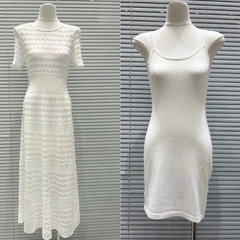 CHUJIE Women's 2025 Summer Lace Trim Dress Set - Round Neck Short Sleeve Midi Dress + Slip Dress 2 Piece Set (Rayon Nylon Blend)