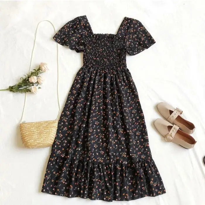 2025 New Spring Summer Dress Women Mini Dresses Female Short Sleeve Elastic Bust Printed Floral Pleated Backless Casual Dress