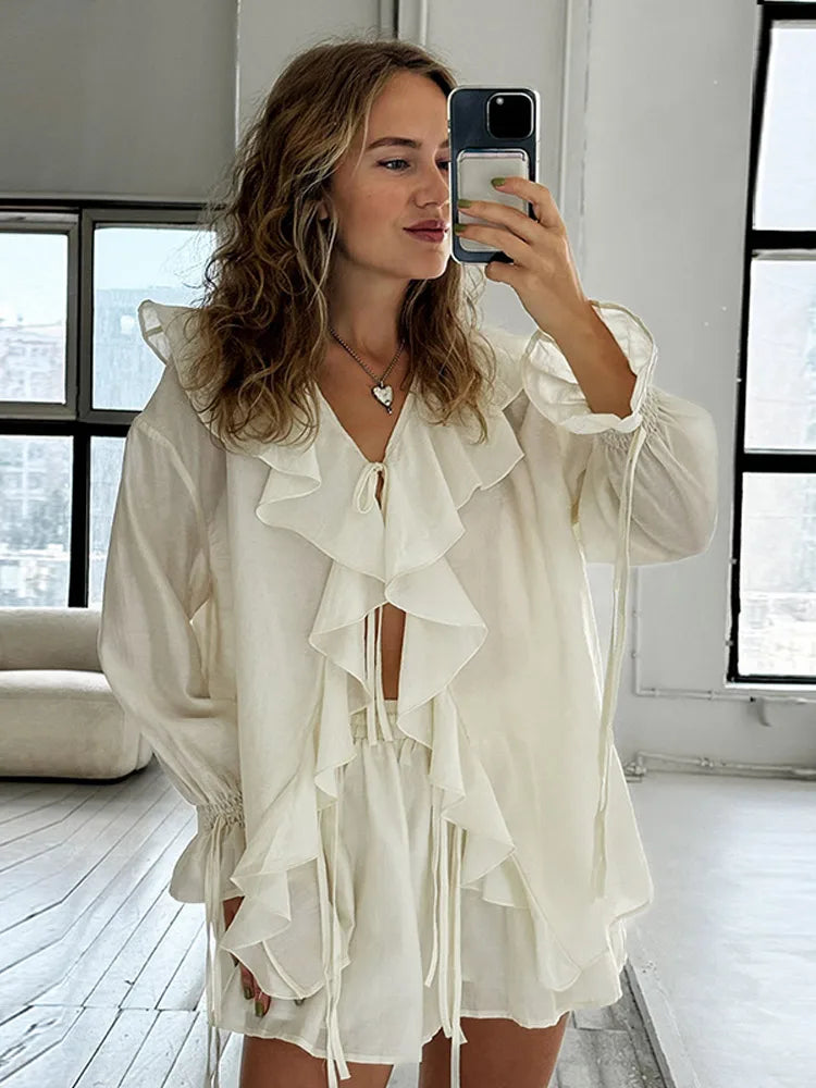 Fashion Solid Women 2 Piece Set Casual Flare Sleeve Lotus Leaf Edge Lace Up Mesh Sheer Shorts Suit 2025 New Lady Commute Outfit