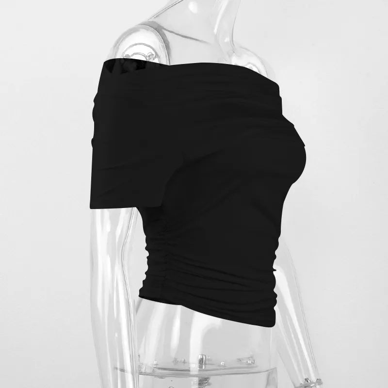 Summer New T-shirt Women Sexy Short Sleeve Fashion Tees Slash Neck Folds Crop Top Casual Streetwear Bodycon Solid Basic T-shirts