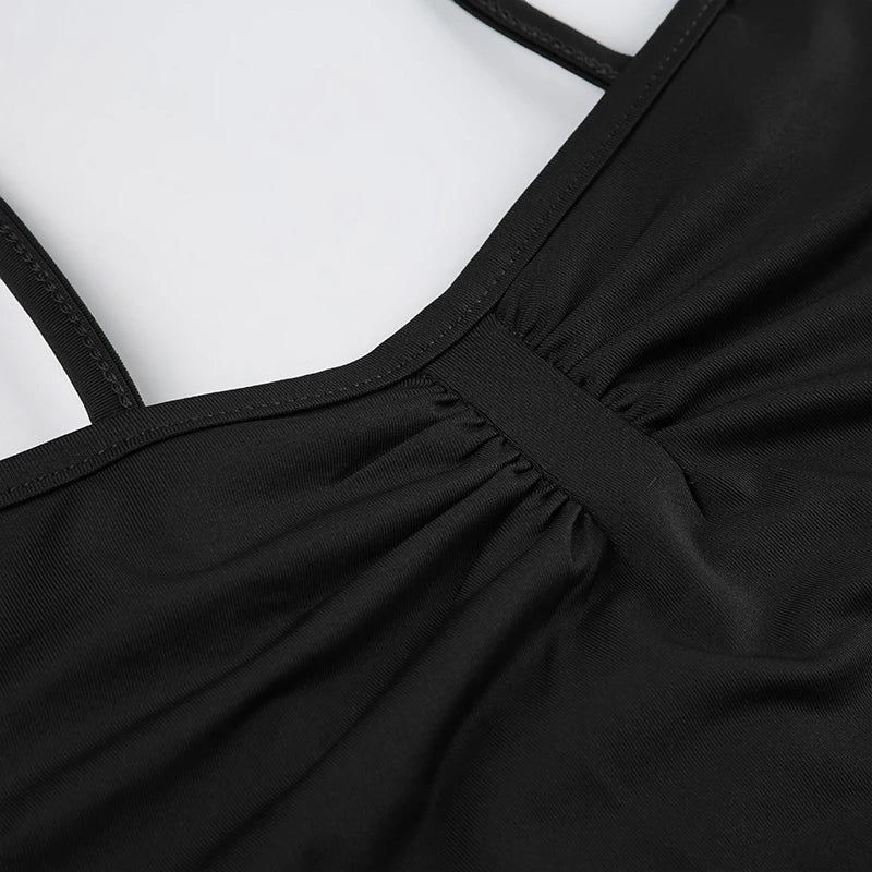 Sweetown Sleeveless Skinny Shirring Skinny Sexy Spaghetti Strap Bodysuit For Women Black Solid Simple Basic Vacation Camisole