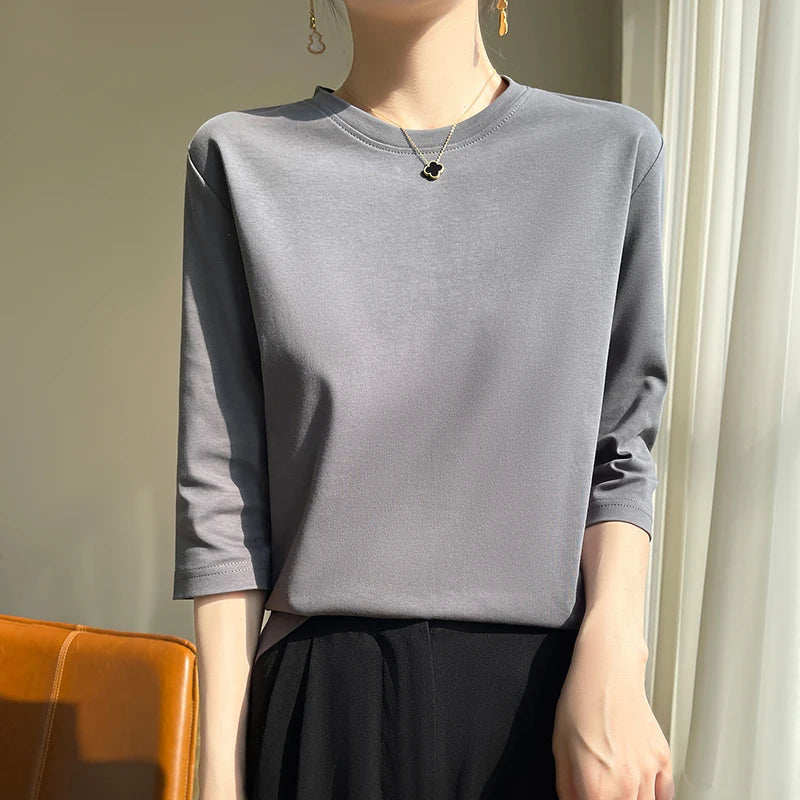 Spring And Summer New White Mercerized Cotton Short Sleeve T-Shirt Feminine Joker Cotton Cropped Sleeve Bottoming Shirt