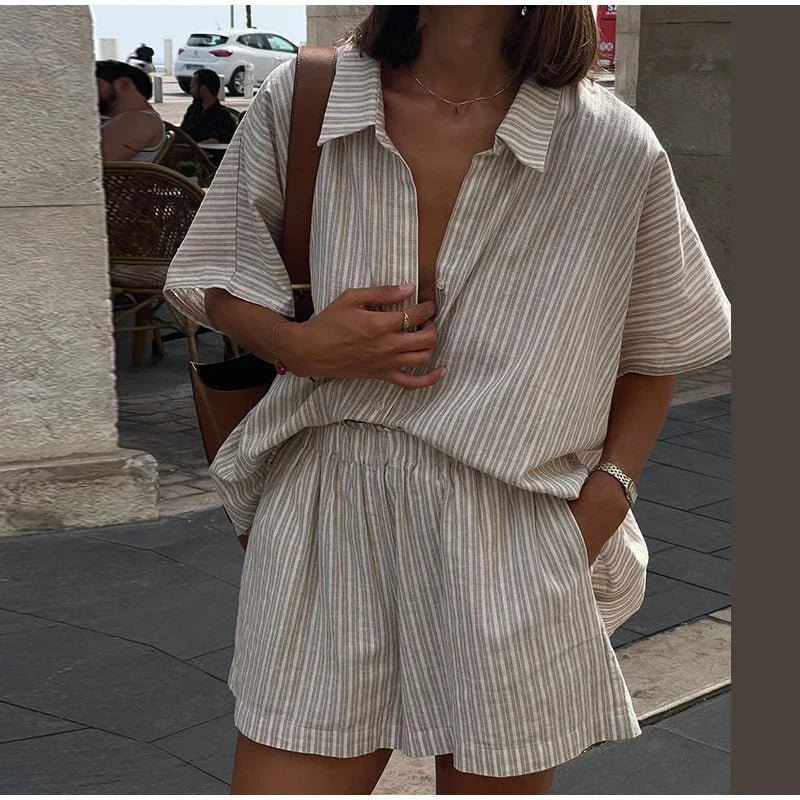 Women Fashion Stripe Print Lace-up Shorts Set Oversized Lapel Short Sleeve Single Breasted Shirts Suit Lady Casual Street Outfit