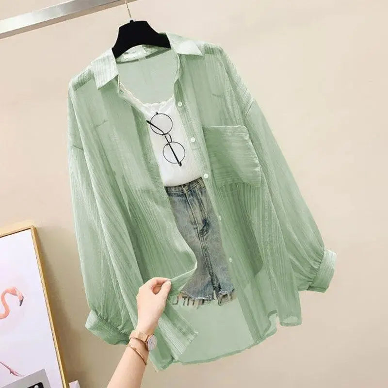 Summer sunscreen chiffon blouse Korean Harajuku style loose casual women's cardigan elegantly perforated top sheer fashionable