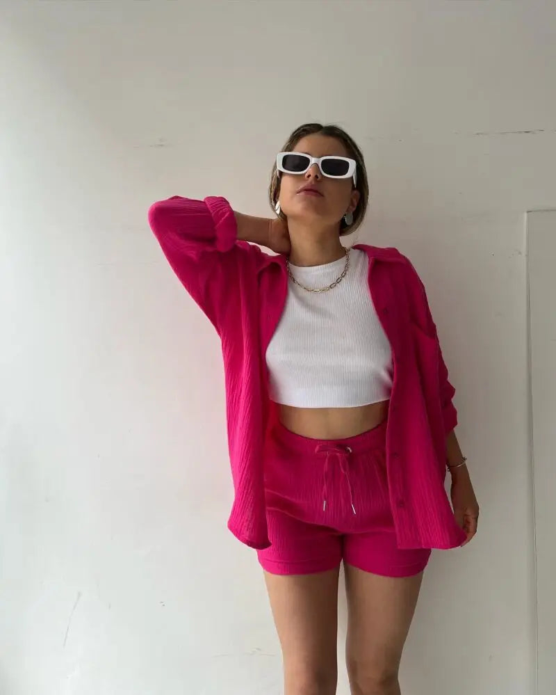 Solid Color Casual Loose Short Pants Sets For Women 2025 Elegant Summer Women's Two Pieces Suit Full Set Female Outfit Clothes