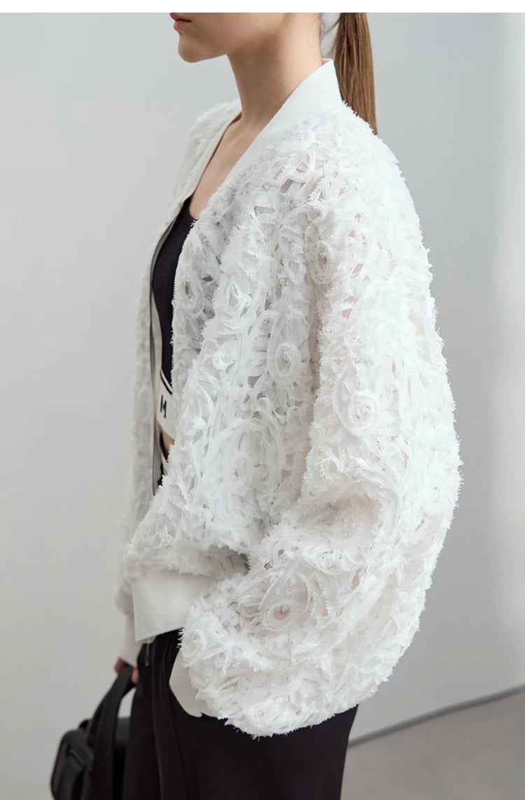 AMII Minimalist Zipper Jacket Women 2025 Spring New V Neck Stereoscopic Hollow Flowers Drop Sleeve Loose Casual Tops 12541004