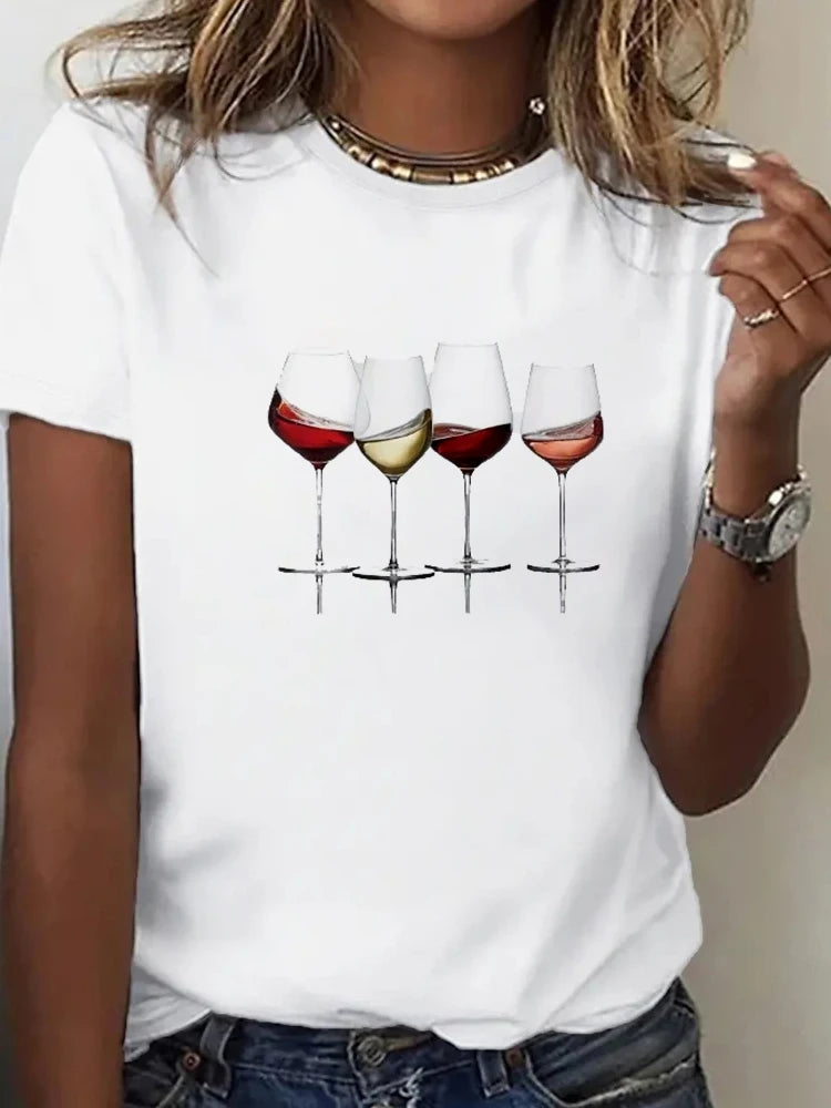 Fashion Trend Short Sleeve Women Ladies T Shirt Top Girl Wine Style Trend Printing Lady Travel Graphic T-Shirt