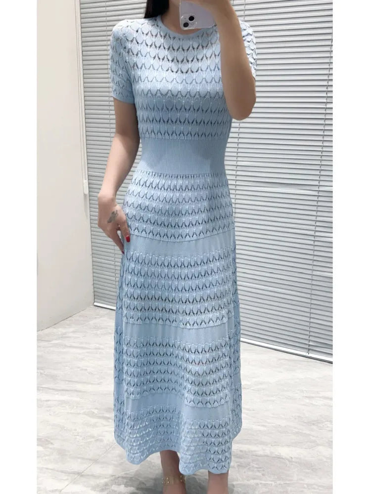 CHUJIE Women's 2025 Summer Lace Trim Dress Set - Round Neck Short Sleeve Midi Dress + Slip Dress 2 Piece Set (Rayon Nylon Blend)