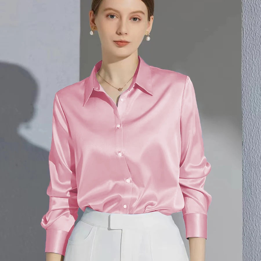 French Elegant Women Satin Glossy Shirt Summer Solid Loose Long Sleeve Blouses Office Lady's All-Match Shirt Vintage Casual Top