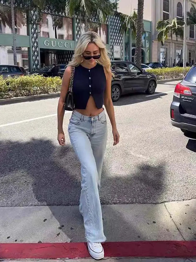 White Knit Crop Top Women Button Short Tops Woman 2025 Summer Tanks Camis Tops for Women Streetwear Vest Tank Top Female