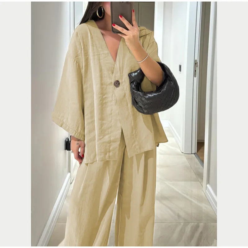 Women Classic Solid Wide Leg Pants Suits Summer Fashion V-neck One Button Loose Blouse Sets Casual Female Daily Streetwear 2025