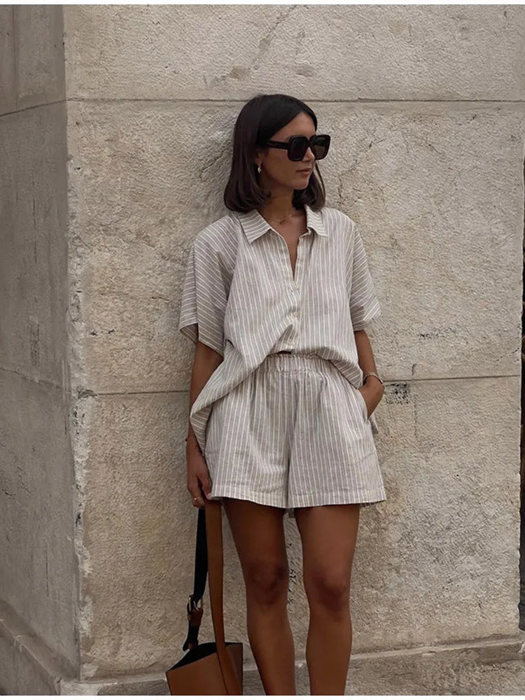 Women Elegant Stripes Cotton Linen Loose Shirt Shorts Suits Fashion Lapel Half Sleeves Elastic Waisted Shorts Summer Lady Outfit