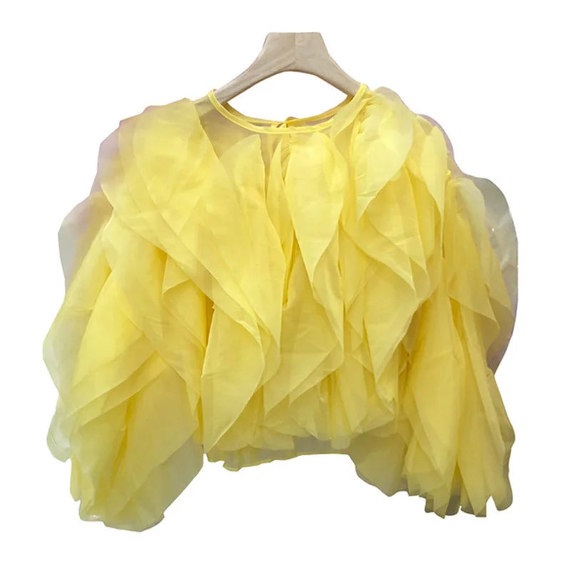 TWOTWINSTYLE Vintage Patchwork Ruffle Shirt For Women O Neck Lantern Long Sleeve Solid Elegant Blouse Female Fashion New Style