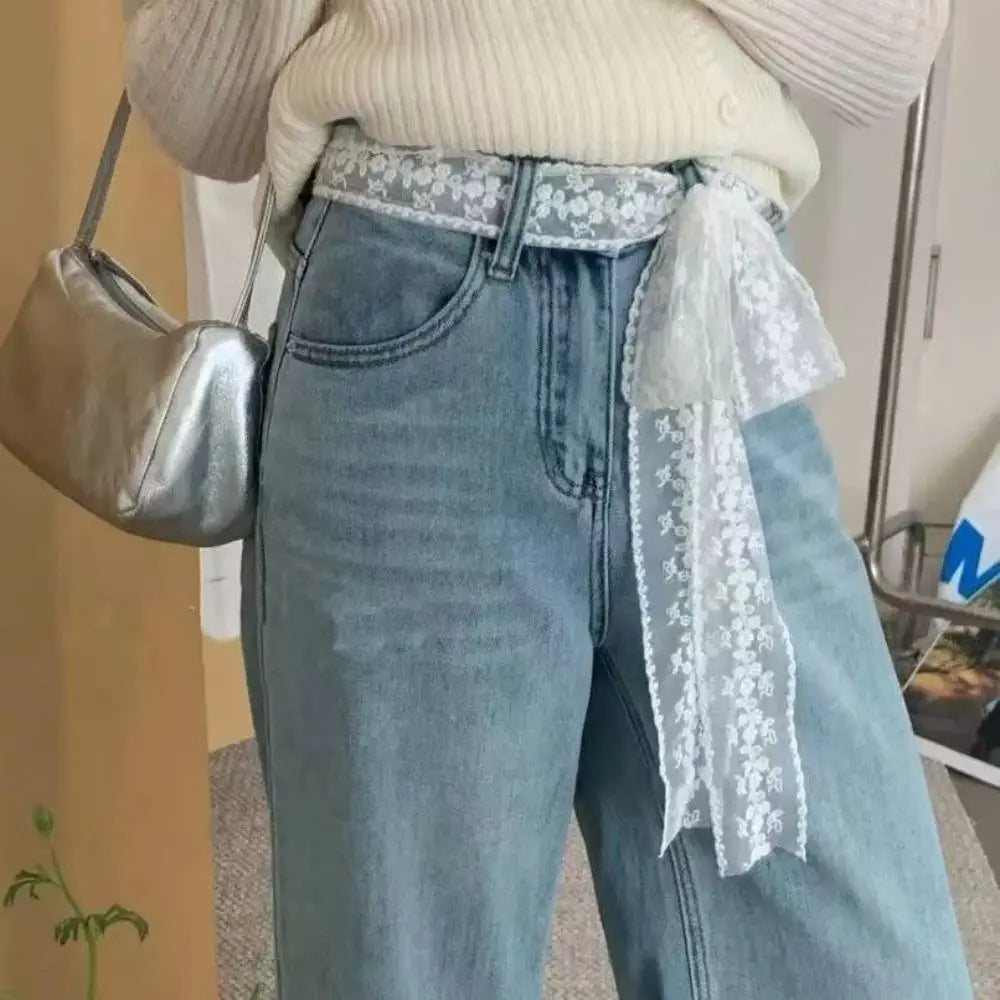 Unique Y2k Long Lace Waistband Bow Thin Lace Waist Belt Floral Tie Up Dress Jeans Belt Streetwear
