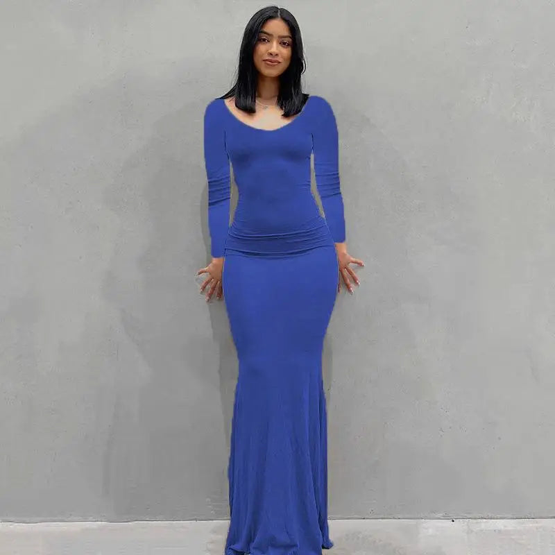 2025 Autumn Long Sleeve Dresses For Women Sexy V Neck Bodycon Solid Elegant Long Dress Y2k Skinny Trumpet Maxi Vestidos