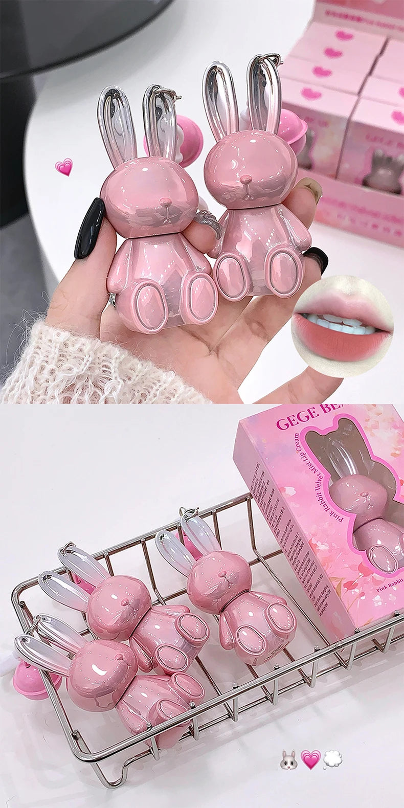Gege Bear Pink Rabbit Velvet Matte Lip Cream Black Rabbit Water light lip glaze matte mirror pendant lipstick lip gloss