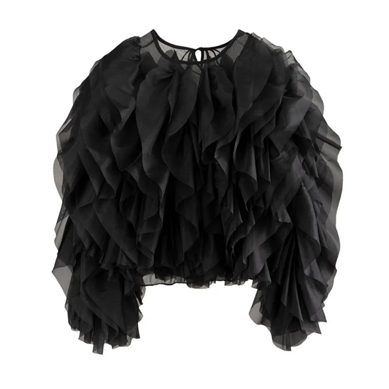 TWOTWINSTYLE Vintage Patchwork Ruffle Shirt For Women O Neck Lantern Long Sleeve Solid Elegant Blouse Female Fashion New Style