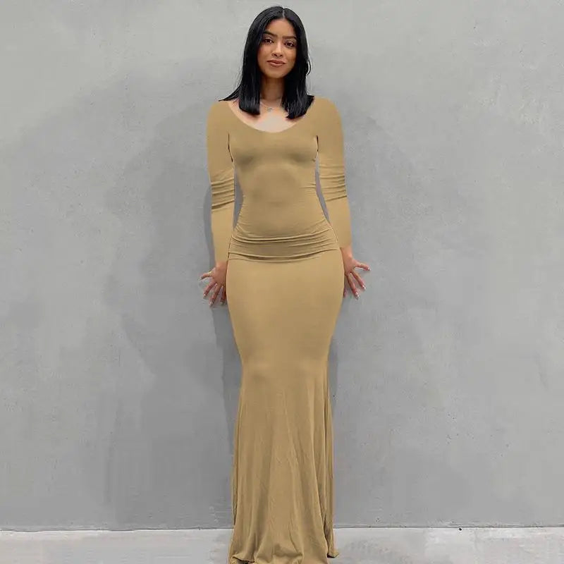 2025 Autumn Long Sleeve Dresses For Women Sexy V Neck Bodycon Solid Elegant Long Dress Y2k Skinny Trumpet Maxi Vestidos