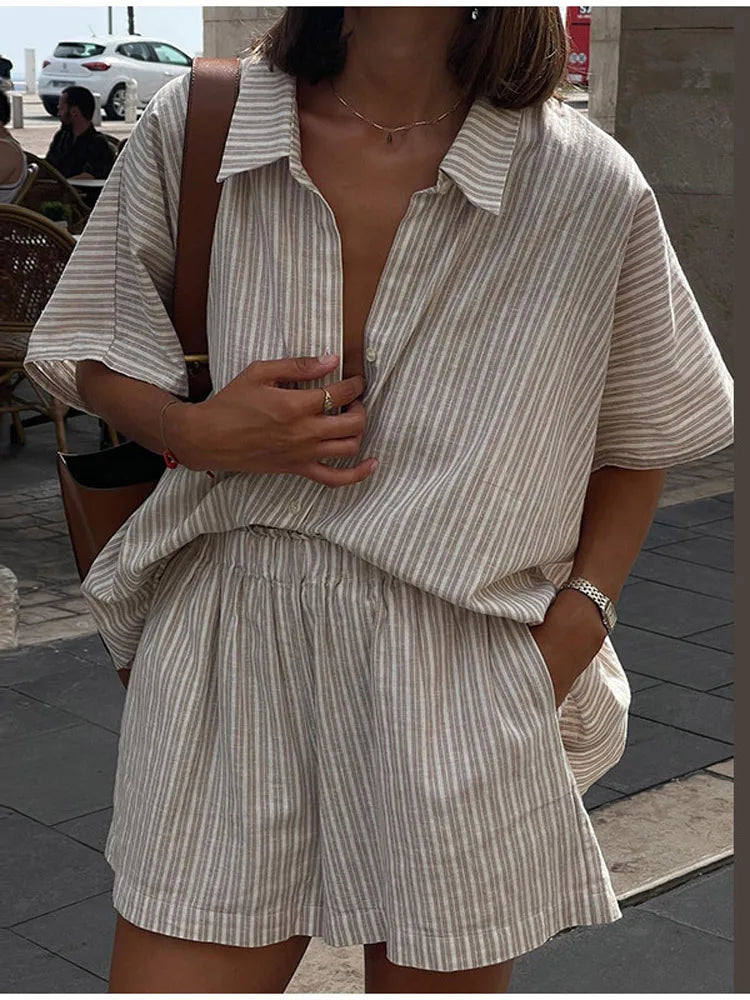 Women Elegant Stripes Cotton Linen Loose Shirt Shorts Suits Fashion Lapel Half Sleeves Elastic Waisted Shorts Summer Lady Outfit