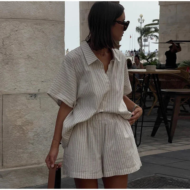 Women Fashion Stripe Print Lace-up Shorts Set Oversized Lapel Short Sleeve Single Breasted Shirts Suit Lady Casual Street Outfit
