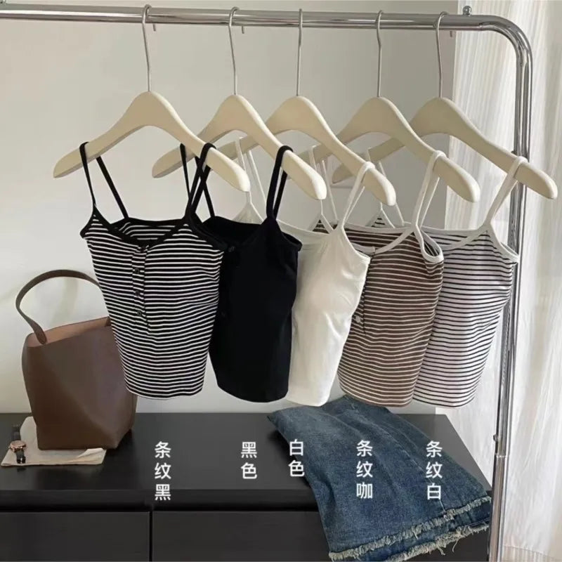 White Stripe Small Cami Women Autumn Gyaru Sexy Button Slim fit Short With Chest Pad Top NS5861