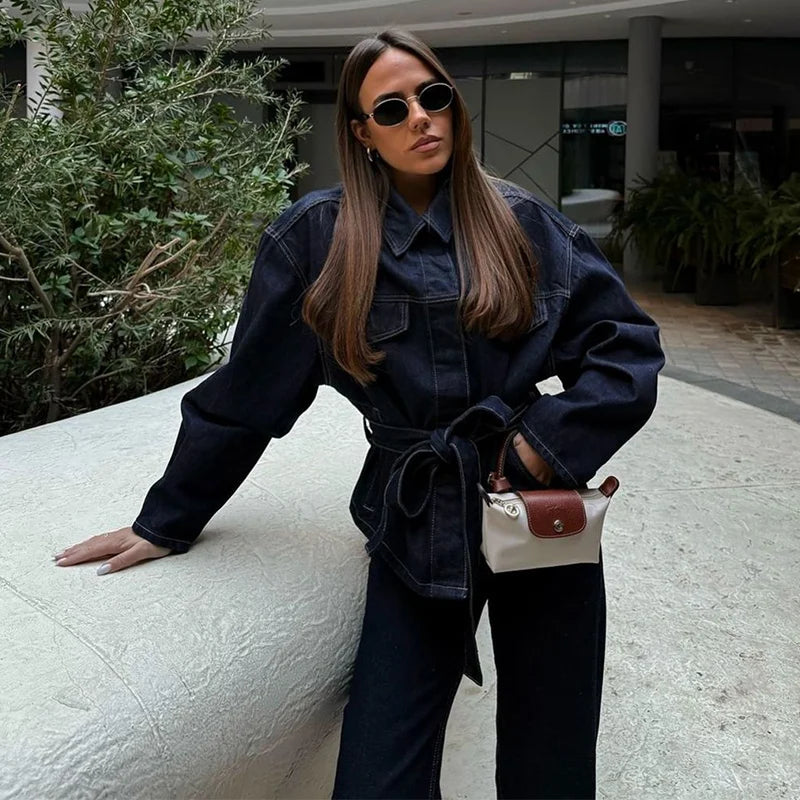 Women Two Pieces Set Denim Pant Sets Single Breasted Long Sleeve Belt Coat Wide Leg Trousers Jeans Female 2 Pieces Outfits