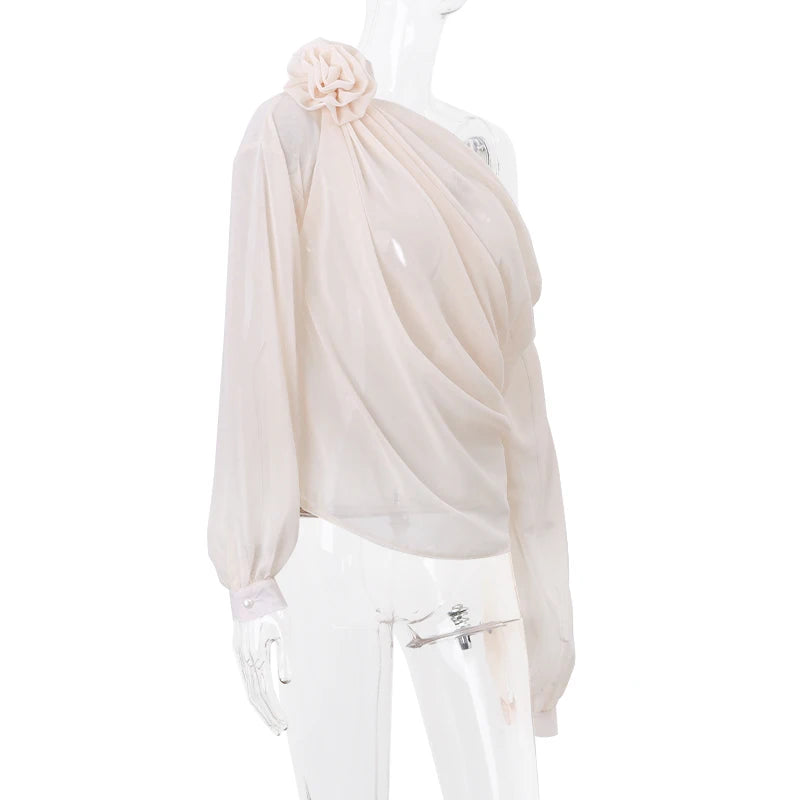 WhereMery Sexy Irregular Oblique-neck Flower Applique T Shirt Summer Off Shoulder Fashion Long Sleeve Crop Tops Street Mesh Tees