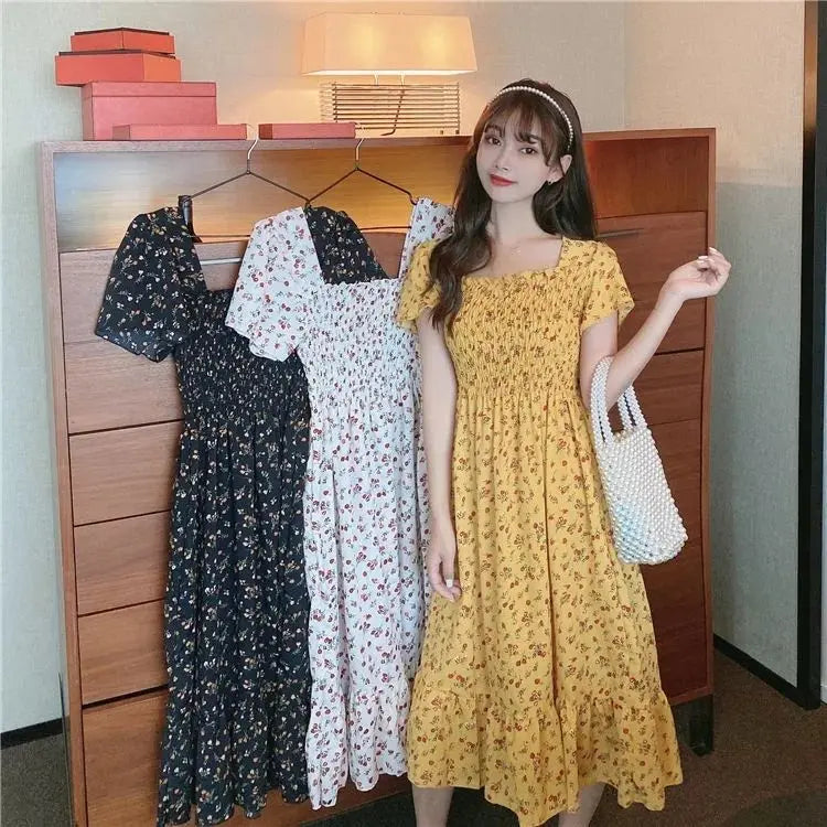 2025 New Spring Summer Dress Women Mini Dresses Female Short Sleeve Elastic Bust Printed Floral Pleated Backless Casual Dress