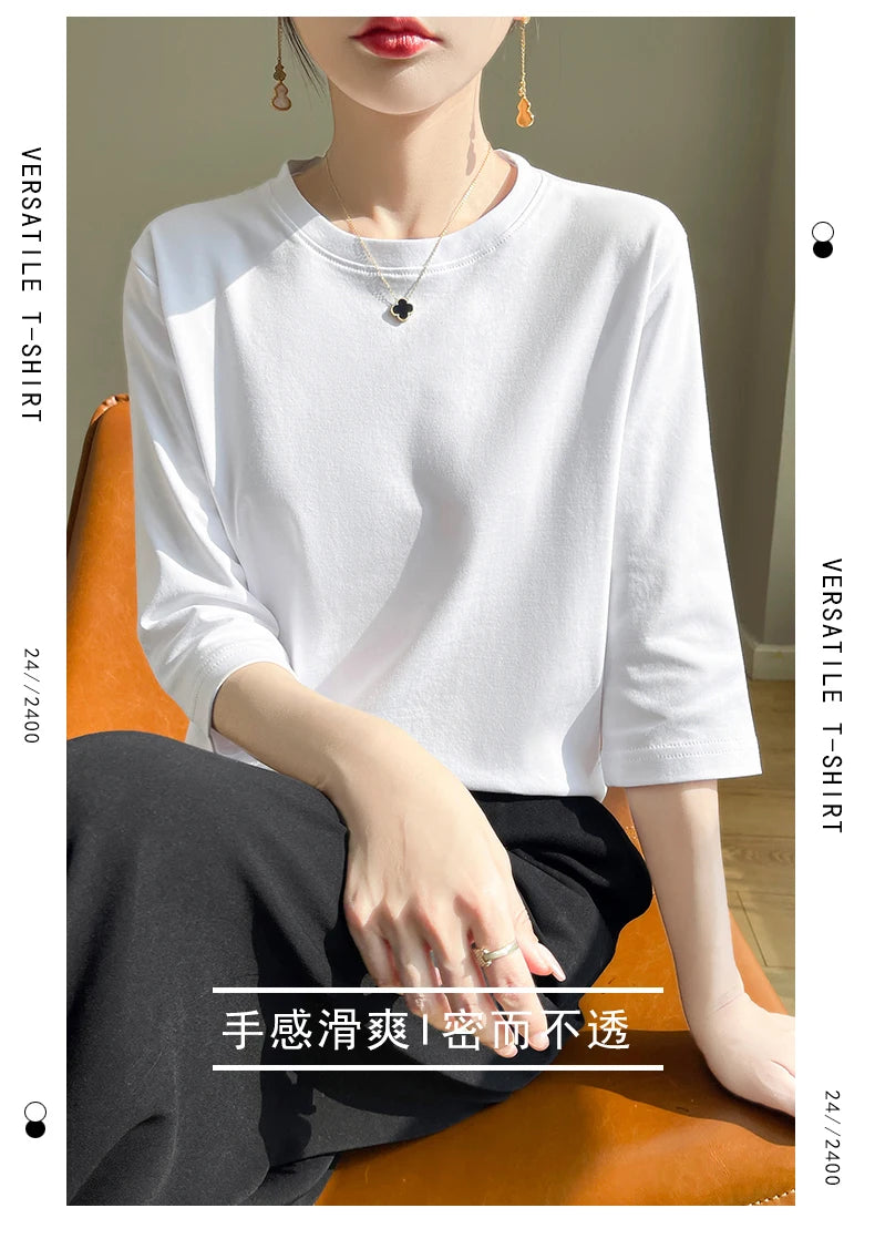 Spring And Summer New White Mercerized Cotton Short Sleeve T-Shirt Feminine Joker Cotton Cropped Sleeve Bottoming Shirt