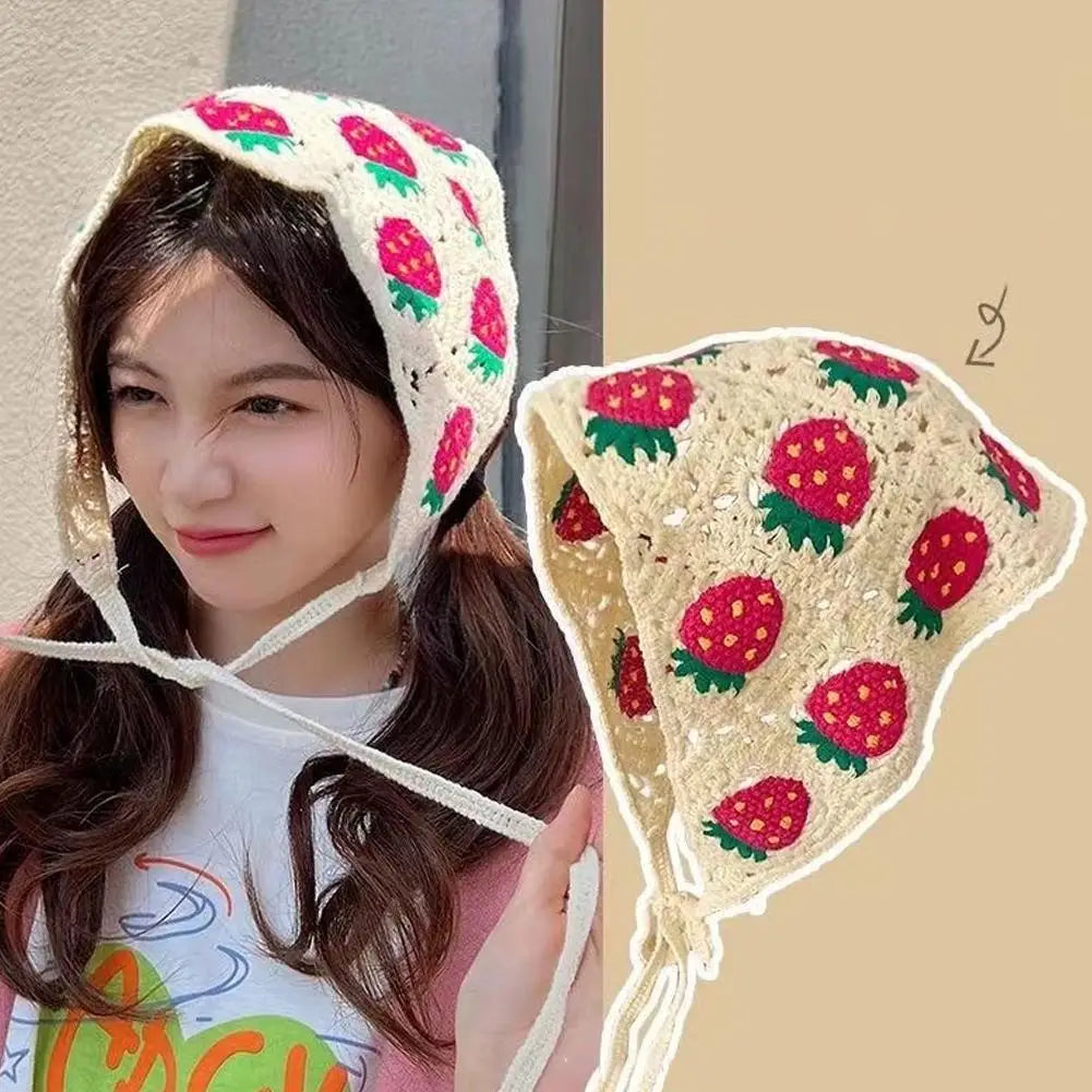 Korean Sweet Cute Handmade Crochet Hollow Triangle Headband Towel Women Spring and Summer Travel Literary Photo Hair Scarf