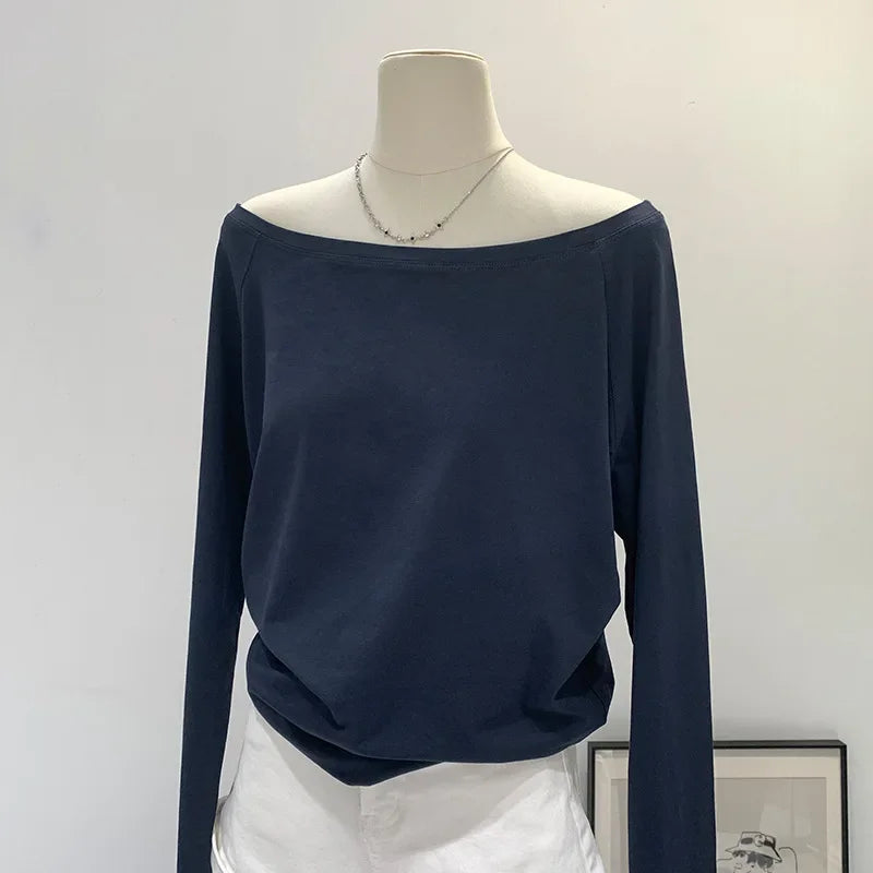 Autumn Winter One Shoulder Cotton Long Sleeve Slant Shoulder Women's Clothing Style Interior Wide Truffle Shoulder Base Shirt