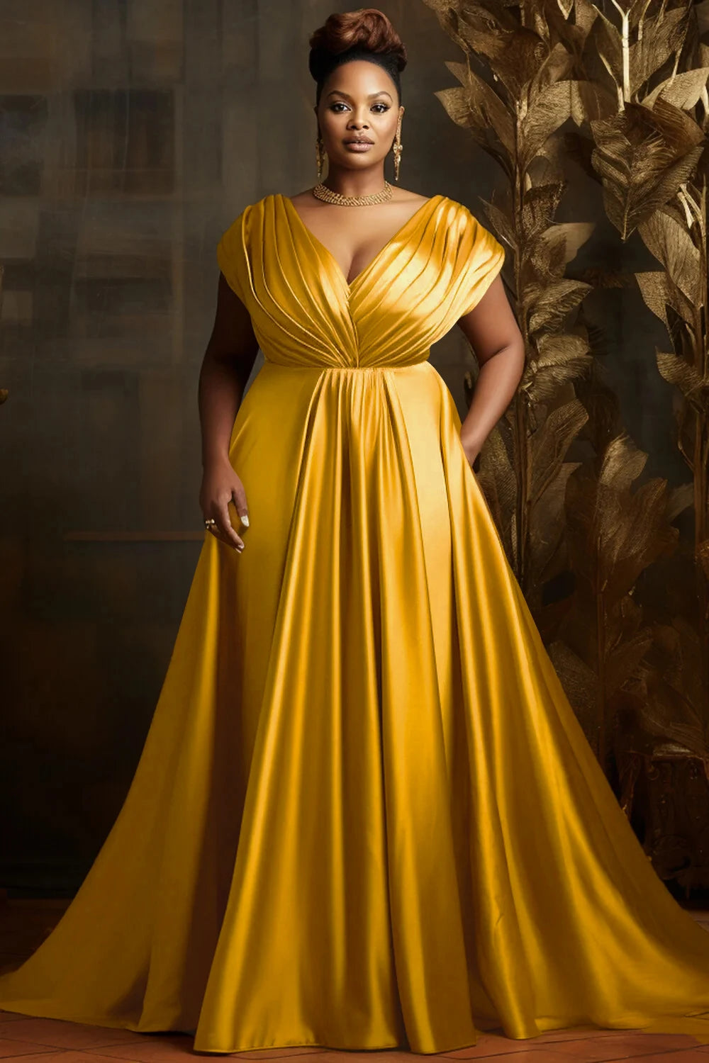 Women's Plus Size V Neck Short Sleeve Evening Party Dress Temperament Solid Colour Long Cocktail Satin High Waist Summer Dresse