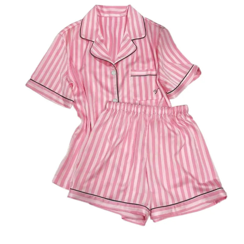 Large Size Women Pajamas Set Short-Sleeved Student Homewear Two-Piece Cardigan Lapel Senior Sense of Striped Short-Sleeved Short