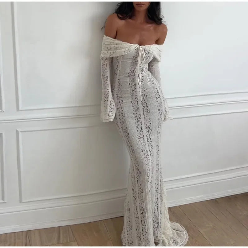 Elegant Cut Out Flared Long Sleeve Maxi Dress Women's Lace Up Hollow Out Off Shoulder Bodycon Vestidos 2025 Lady Outwear Vestido