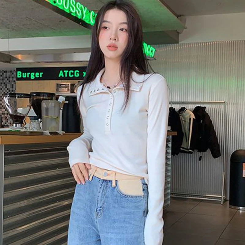 Fall Winter Long Sleeve Knit Pullovers Woman Y2K High Street Button Up Sweaters for Women Vintage Gray Ribbed Bottoming Tops