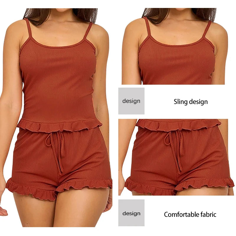 Summer Two-Piece Solid Color Sleepwear Round Neck Sexy Suspender Ribbed Knitted Pleated Vest Shorts Casual Women's Sleepwear Set