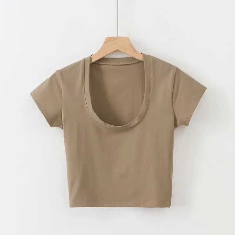 U-Neck Crop Top Solid Color Women Casual High Waist T Shirt Basic Sexy Streetwear Short Sleeve Slimming Tops
