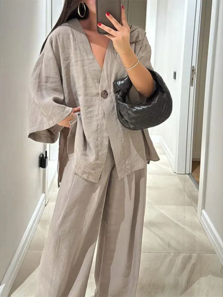 Women Classic Solid Wide Leg Pants Suits Summer Fashion V-neck One Button Loose Blouse Sets Casual Female Daily Streetwear 2025