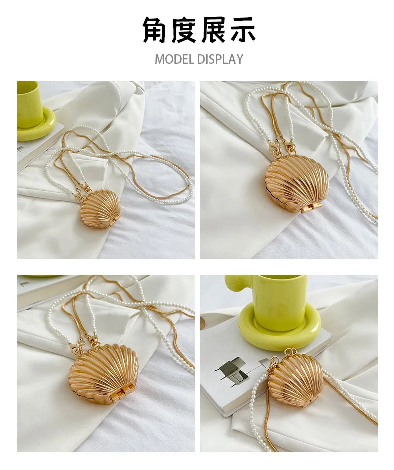 2025 New Summer Lipstick Bags for Women Fashion Pearl Mini Purse Crossbody Bag High Quality Gold Shell Bag Designer Shoulder Bag