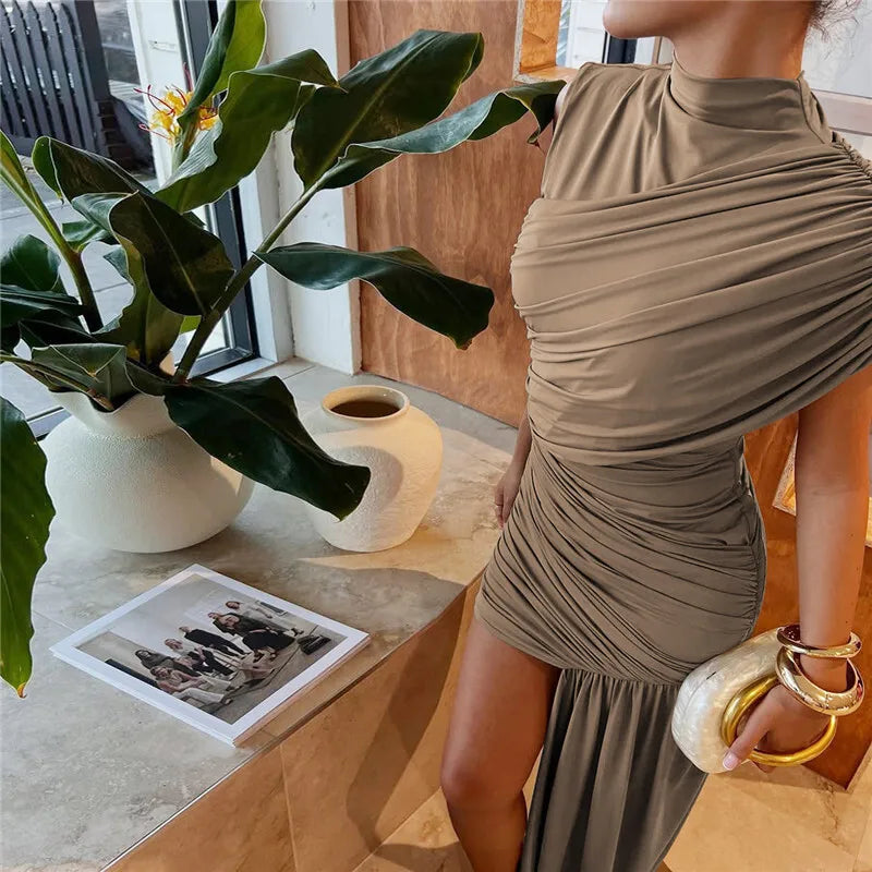 Balitops Summer Draped Ruched Sexy Mini Dress Women 2025 New Irregular High Waist Slim Fit Dress Female Elegant Club Tank Dress