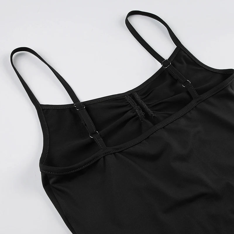 Sweetown Sleeveless Skinny Shirring Skinny Sexy Spaghetti Strap Bodysuit For Women Black Solid Simple Basic Vacation Camisole