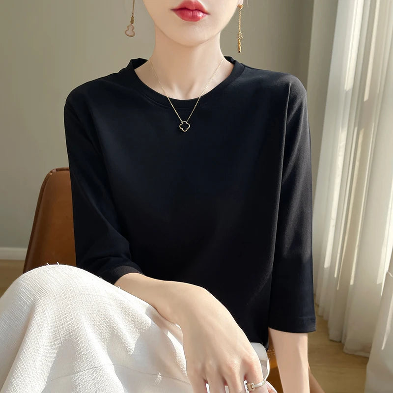 Spring And Summer New White Mercerized Cotton Short Sleeve T-Shirt Feminine Joker Cotton Cropped Sleeve Bottoming Shirt