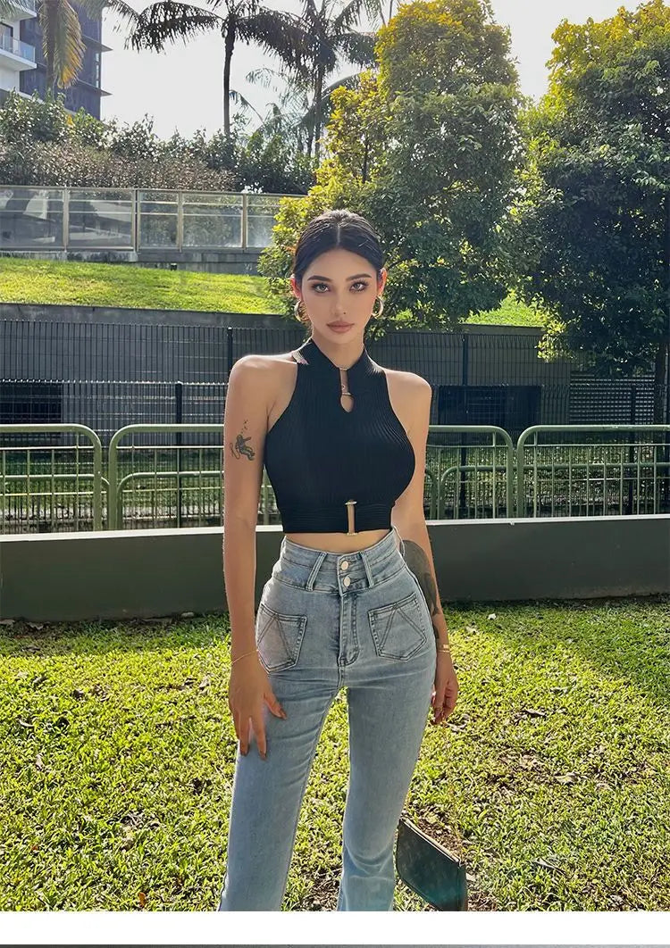 HELIAR Women Sexy Tank Tops Chic Y2K Tops Halter Off Shoulder Tops Crop Tops Elastic Solid Tank Tops For Women Summer