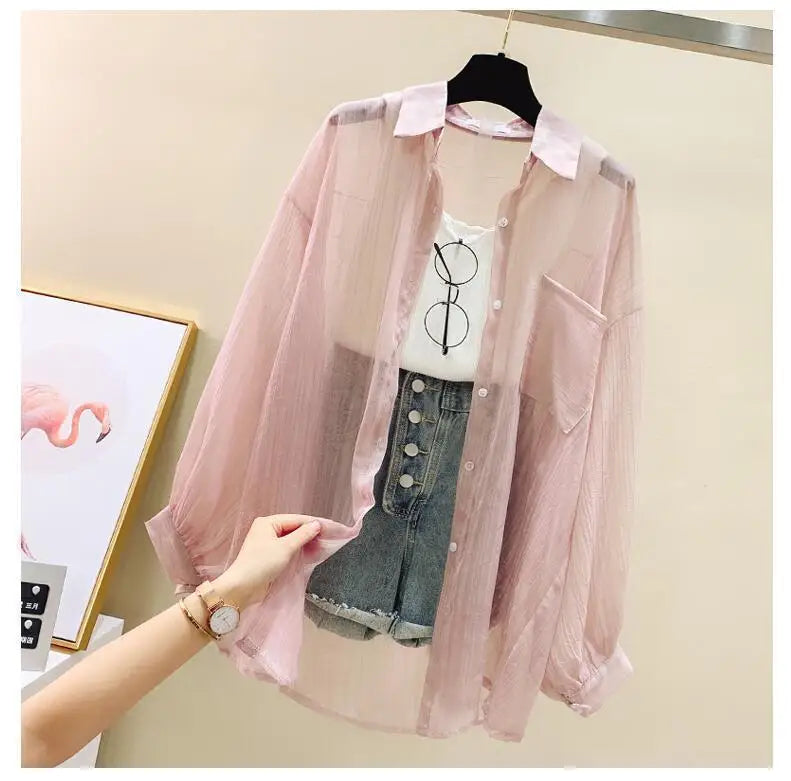 Summer sunscreen chiffon blouse Korean Harajuku style loose casual women's cardigan elegantly perforated top sheer fashionable