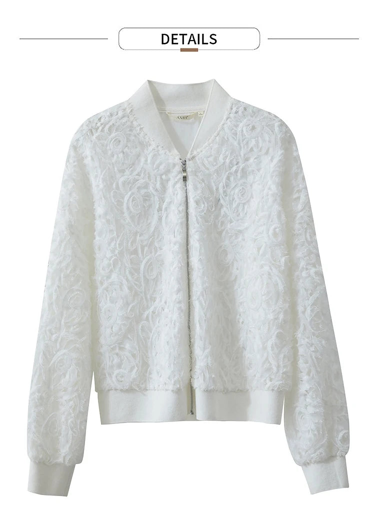 AMII Minimalist Zipper Jacket Women 2025 Spring New V Neck Stereoscopic Hollow Flowers Drop Sleeve Loose Casual Tops 12541004