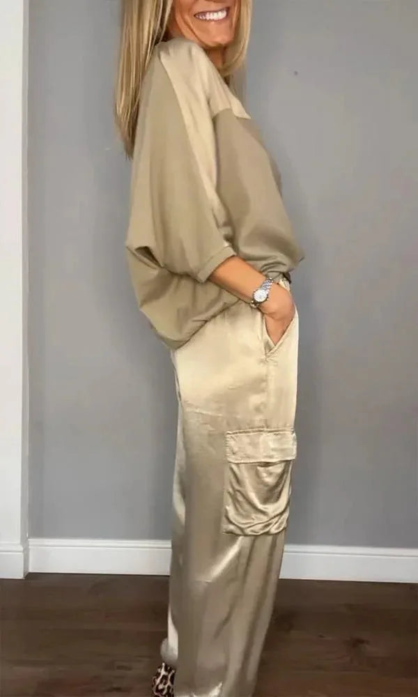 For Women Spring Summer Fashion Solid Color Satin Two Piece Set New O Neck Long Sleeve Top Long Pants Casual Loose Two Piece Set